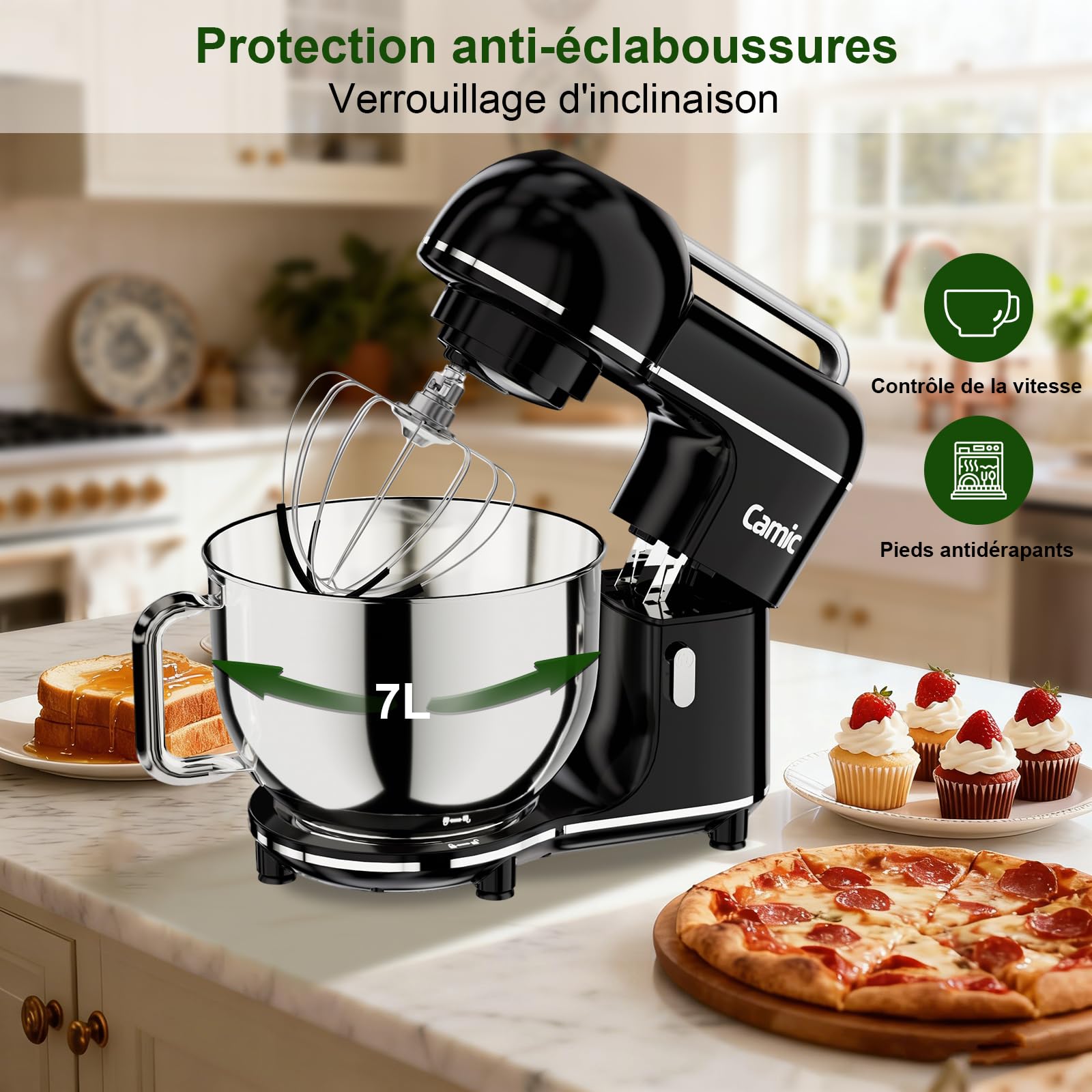 Camic Robot Pâtissier - 2000W - 10 niveaux de vitesse avec poignée de transport, bol mélangeur en inox (7L), pétrin avec crochet mélangeur, crochet pétrisseur, fouet