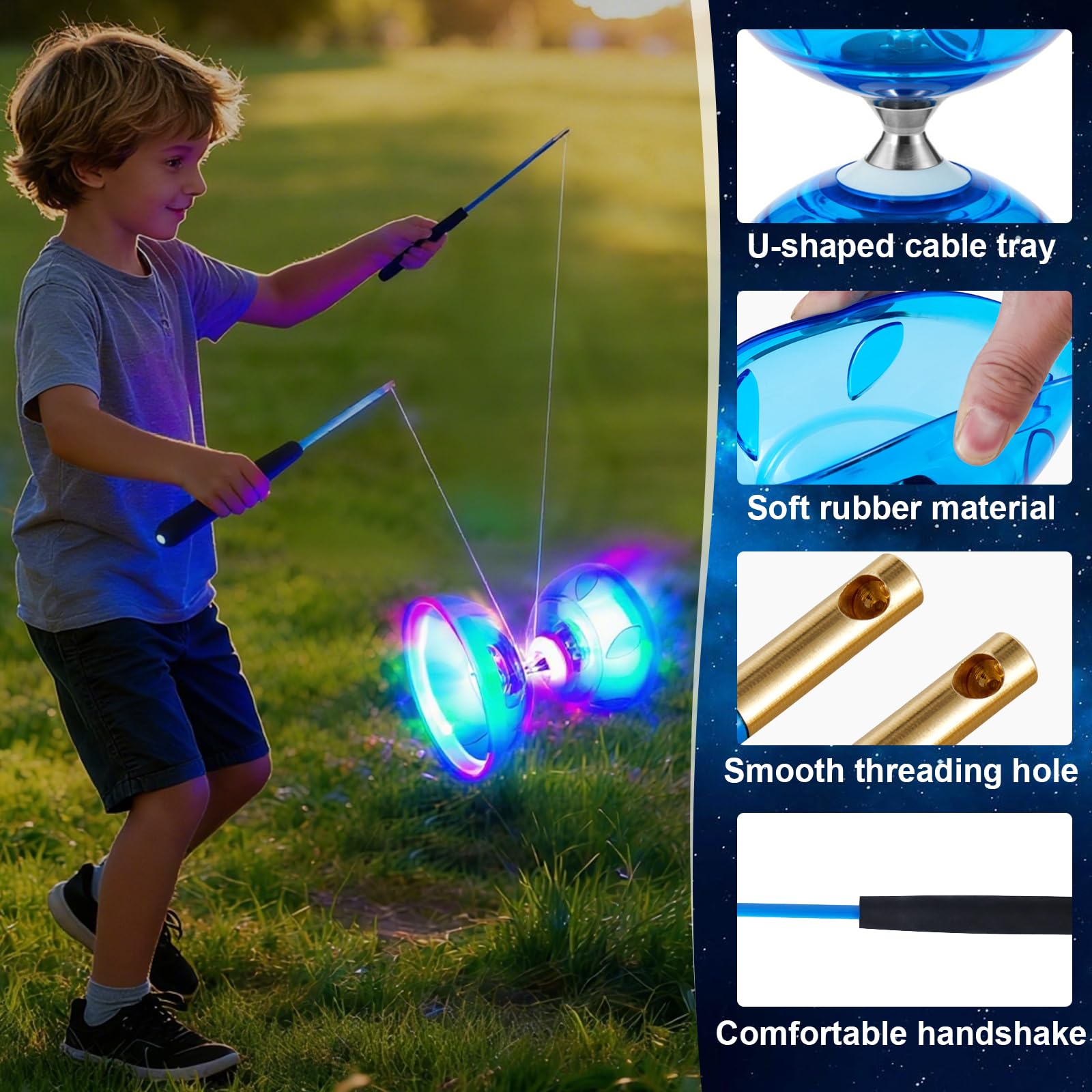 Diabolo LED con Cuscinetti a Sfera, 4,5 mm Carousel Diabolo Set Giocoleria Diabolo Luminoso al Buio Gioco a Ruota Libera per Bambini Adulti Principianti per Gli Sport all'Aria Aperta Interni