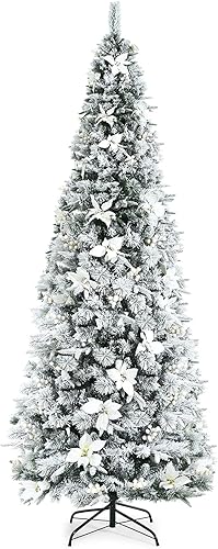 BestComfort Árbol de Navidad flocado de nieve de 8 pies árbol de Navidad artificial con bisagras con 807 puntas de rama 444 bayas blancas flores de