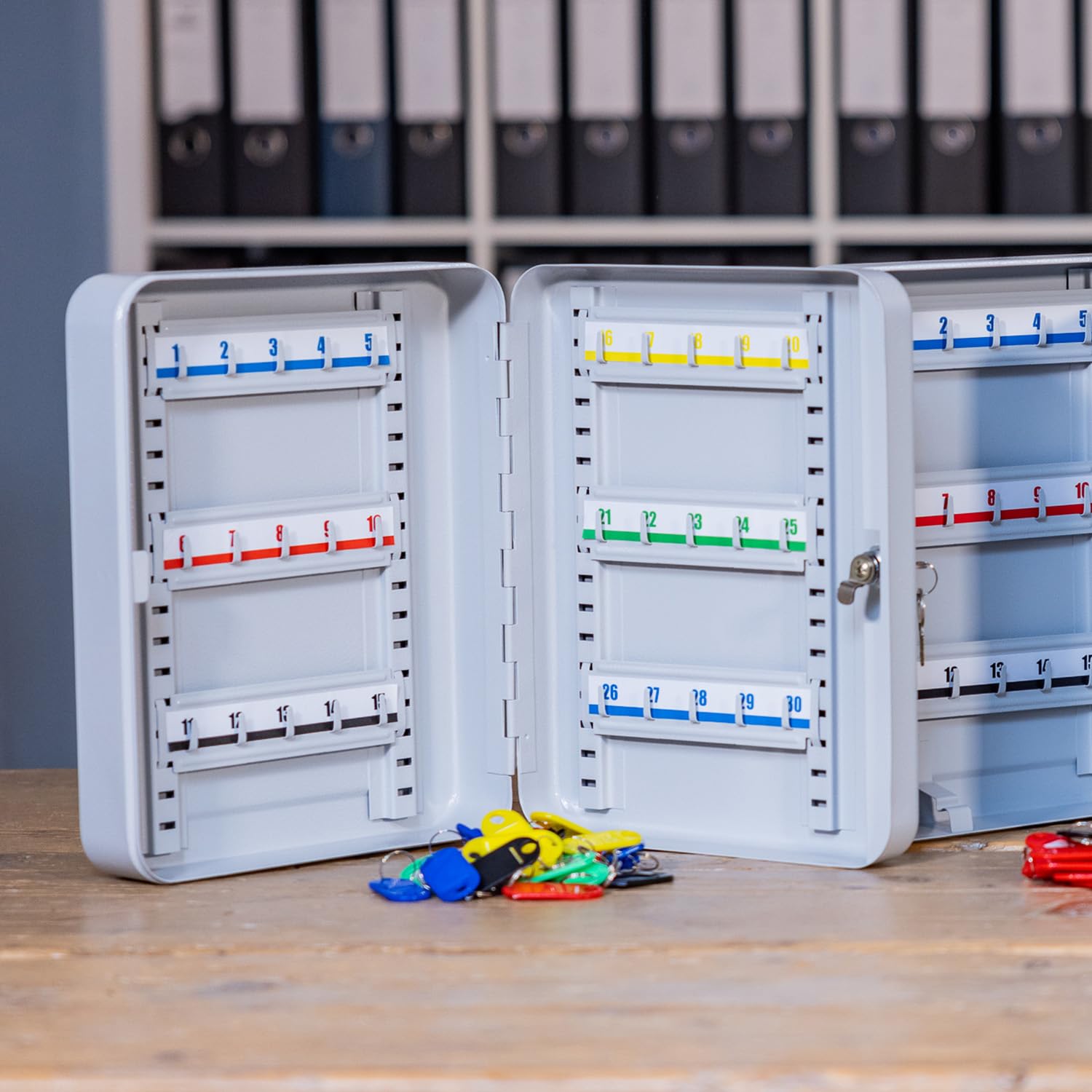HMF Caja para Llaves Grande de Acero, Armario para Llaves con Cerradura para recibidor, despacho o Garaje | 30 Ganchos para Llaves | 30 x 24 x 7,5 cm | Gris Claro