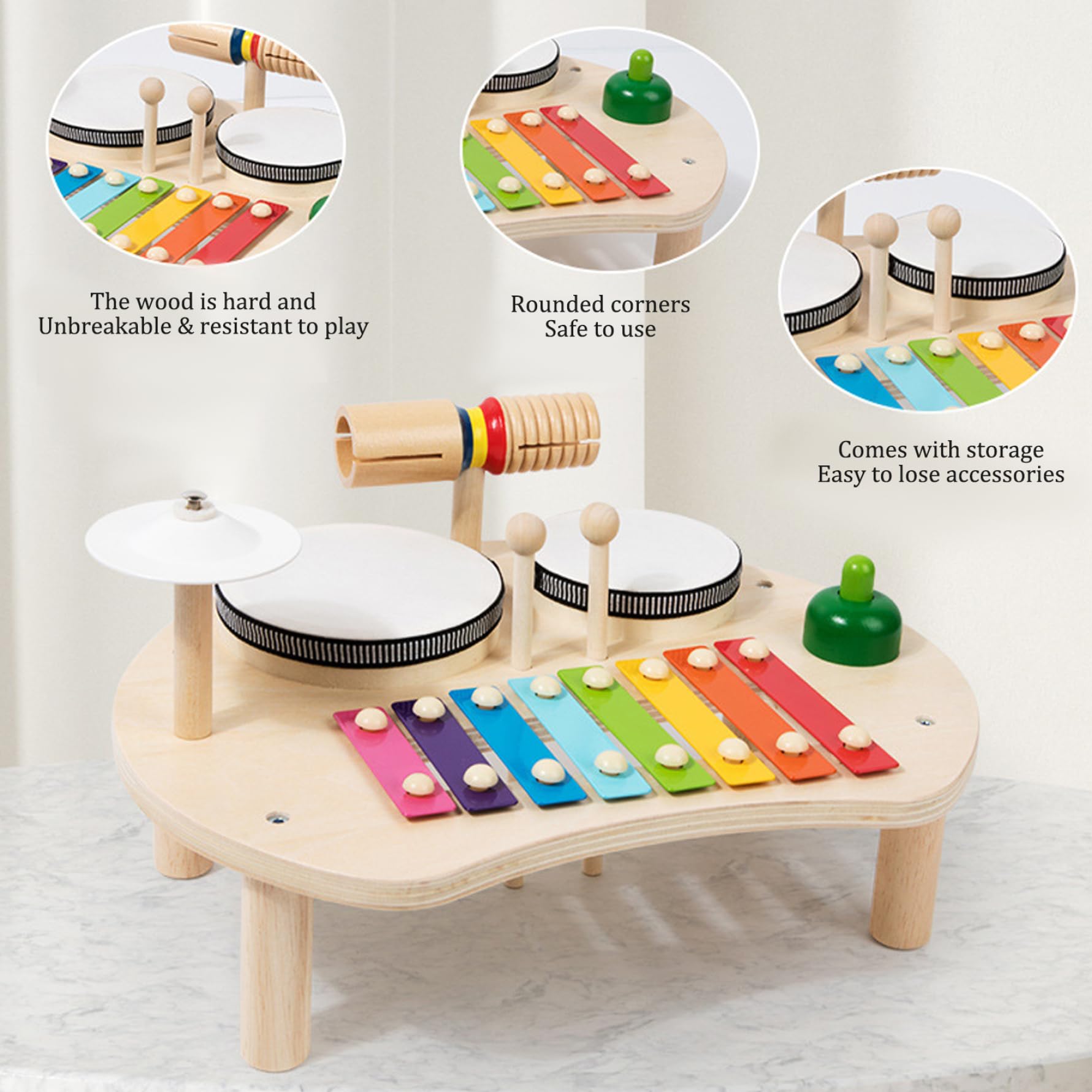 Set di tamburi per bambini Giocattoli musicali per bambini in legno con slot di archiviazione 5 in 1 Giochi di strumenti musicali per illuminanti sicuri per .