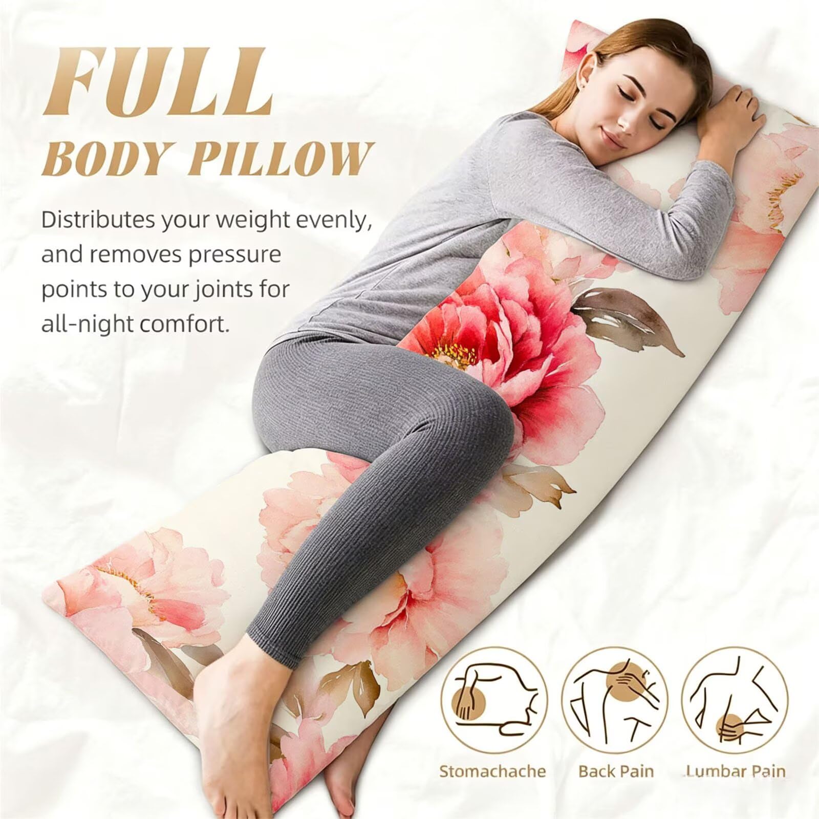 Funda de Almohada 60 x 180 cm Rosa Protector Almohada 180 cm con Cremallera Invisible, Lino Durable y Transpirable Pillow Case Largas Peonía Impresión a Doble Cara para Cama, Sofá y Dormitorio dg-315