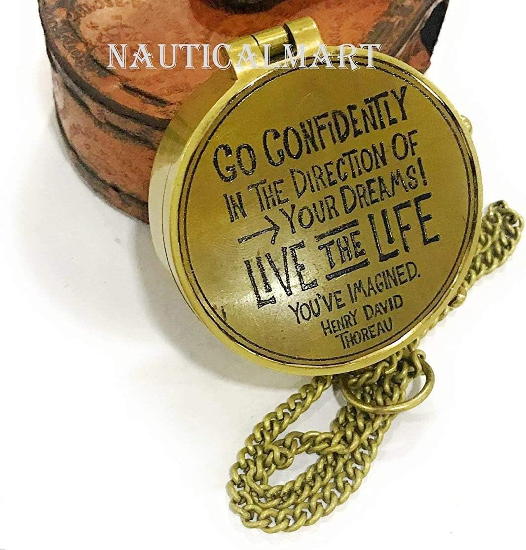 NauticalMart Brass Compass (Thoreau's Go Confidently Quote Engraved Compass with Stamped Leather case. (Quote 9))