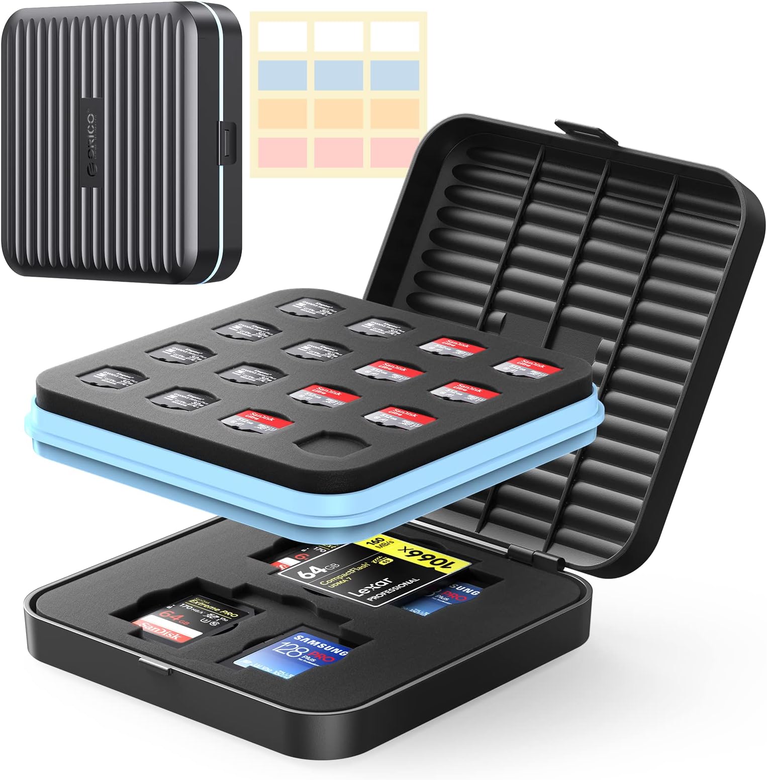 ORICO SD Card Holder, 22 Slots SD Card Storage for 16 TF Card + 4 SD Card + 2 CF Card, Water-Resistant, Anti-Shock, Dust-Proof Memory Card Case with Labels