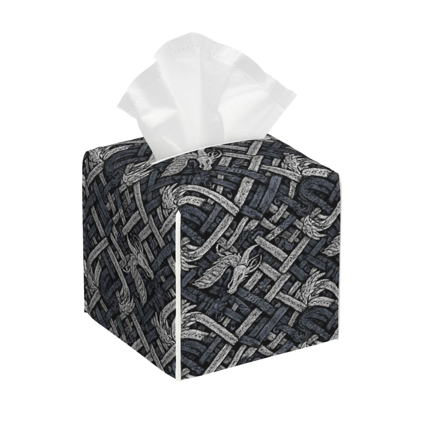 Retro Dragon Knot Print Tissue Box Cover Holder Square, Foldable Modern Cube Tissue Box Cover, Leather Decorative Organizer for Tabletop Bathroom Car Office Desk Decor