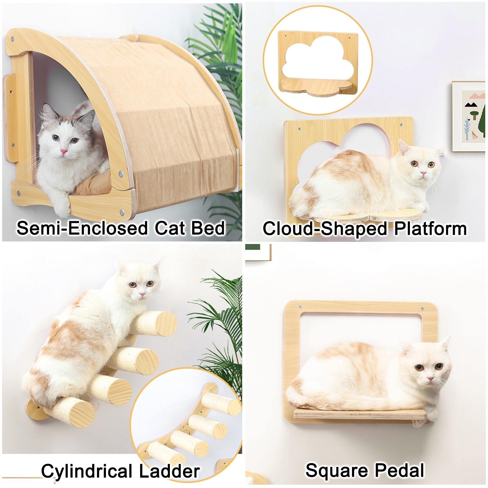Albero per Gatti, Set di Tiragraffi da Parete, Parete da Arrampicata in Legno da 4 Pezzi con Rivestimento in Peluche Salvaspazio per Dormire e Giocare