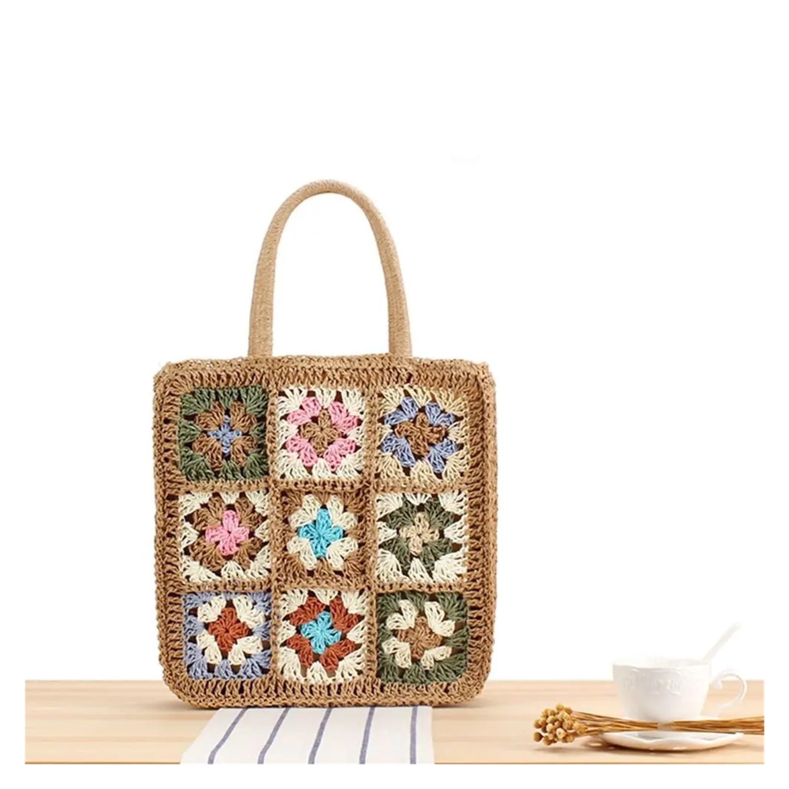 Bolso Ganchillo Flores Bolso de mano de gran capacidad tejido a mano con flores de ganchillo, bolso de paja tejido a mano, portátil