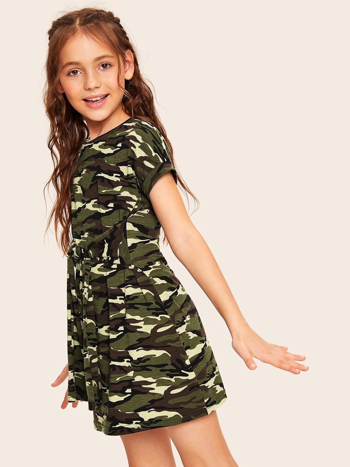 WDIRARA Girl's Camo Print Tie Front Round Neck Short Sleeve T Shirt Dress - Image 5