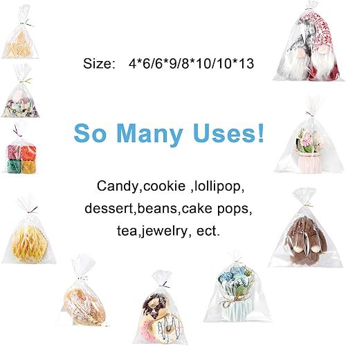 Miniatura 4 de Boao Bolsas de celofán de plástico transparente de 4 tamaños, 200 bolsas de celofán con lazos de mezcla de colores para Navidad, cumpleaños,