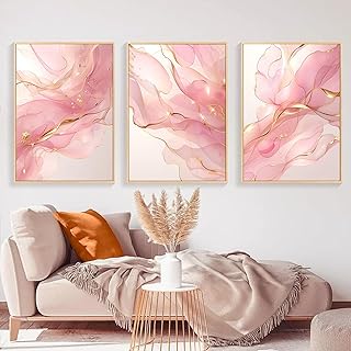 Pink Marble Abstract Wall Art Modern Abstract Painting Gold Foil Artwork Pink and Gold Abstract Wall Art Pink White and Gold Pictures Pink Modern Painting Pink and Gold Painting 16x24inchx3 No Frame