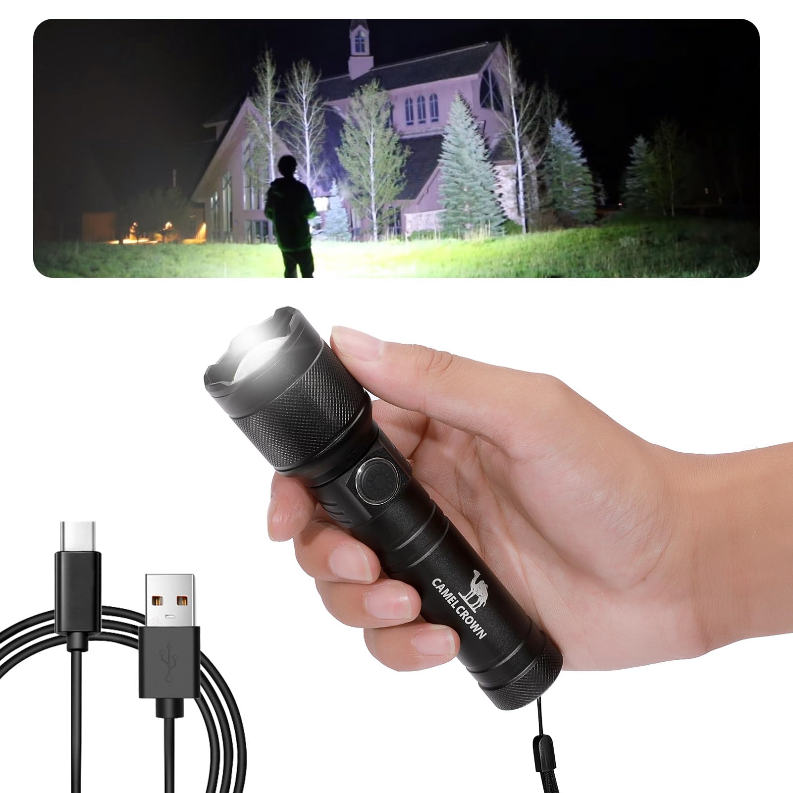 CAMEL CROWN Rechargeable Flashlights High Lumens 90000 Lumen LED Flashlights with 5 Modes IPX7 Waterproof Zoomable Tactical High Powered Flash Light for Home Outdoor