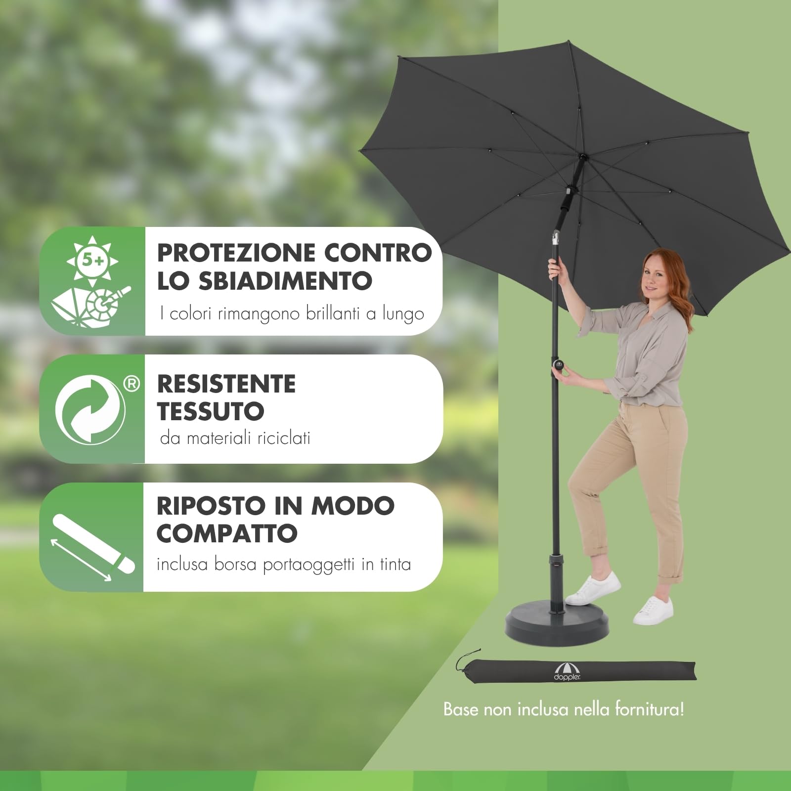 Doppler Parasole Rethink I 200 cm in antracite I rotondo inclinabile per balcone e terrazza I sostenibile I con apertura a mano I Con copertura