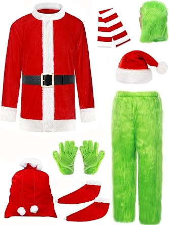Christmas Green Big Monster Costume for Men, 10PCS Deluxe Furry Santa Claus Costume Suit with Mask