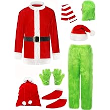 Christmas Green Big Monster Costume for Men, 10PCS Deluxe Furry Santa Claus Costume Suit with Mask