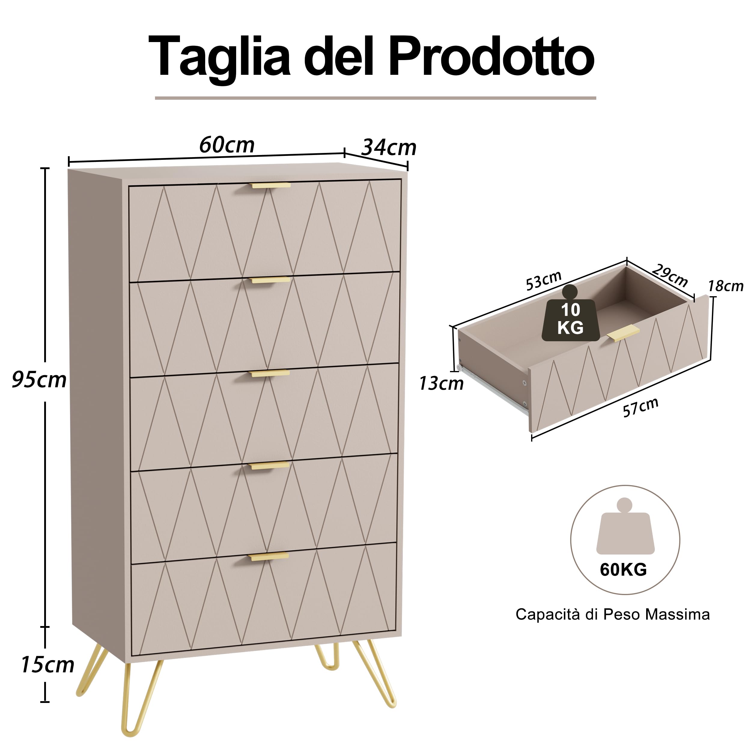 UEV Cassettiera a 5 Cassetti con Motivo a Linea, 60x34x110cm, Beige Moca