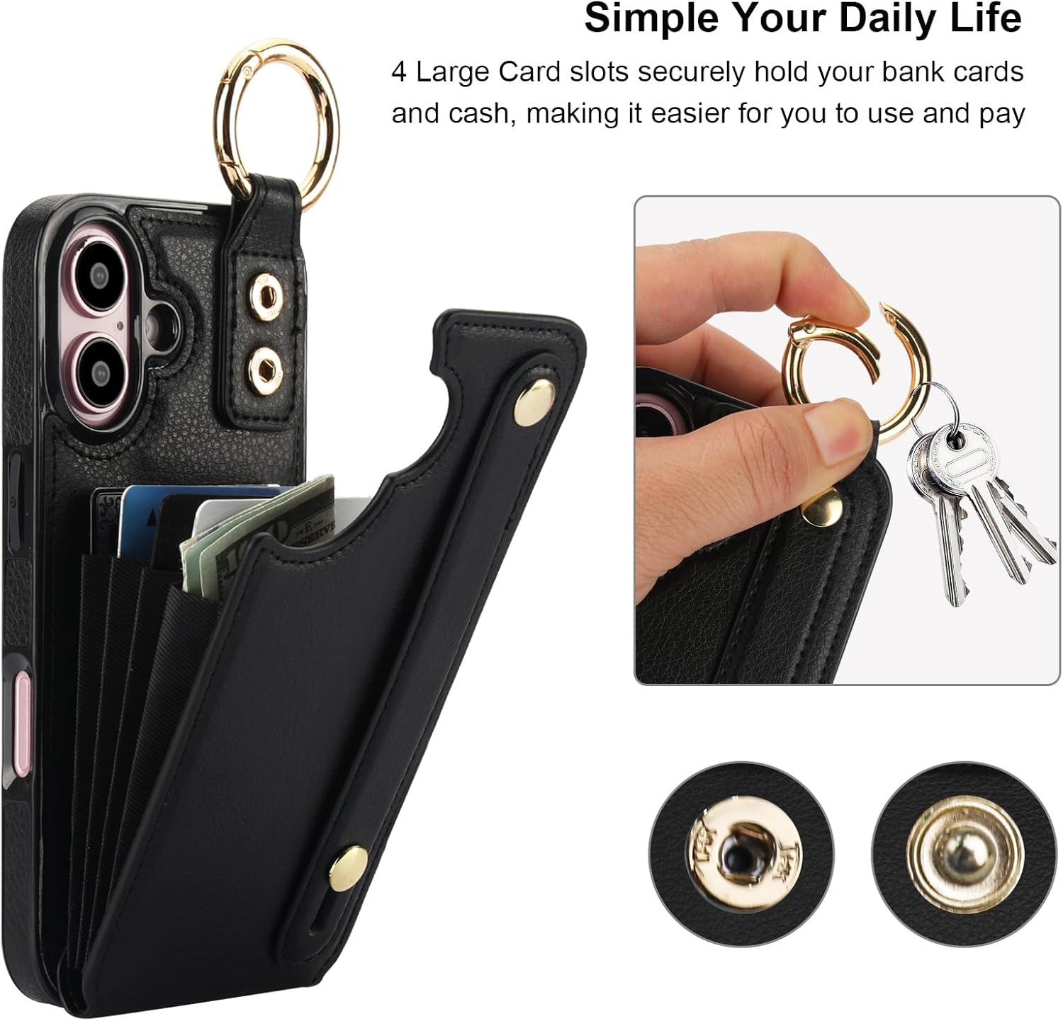 Folosu for iPhone 16 Wallet Case with Card Holder, Hand Wrist Strap Loop Holder Kickstand, RFID Blocking Finger Grip Ring PU Leather Double Buttons Shockproof Cover 6.1" Black - Image 4