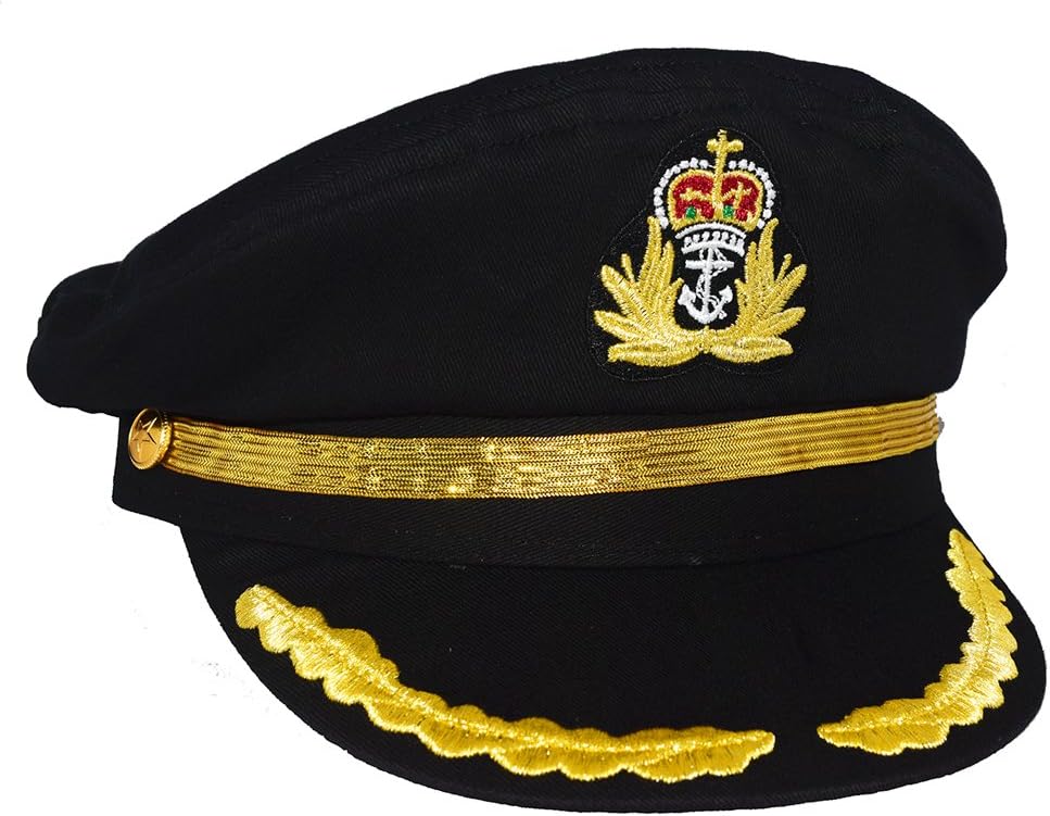 Black Admiral Captain Yacht Hat, Gold Embroidery Anchor Skippers Cap for Cruise Nautical Party Costume Accessory