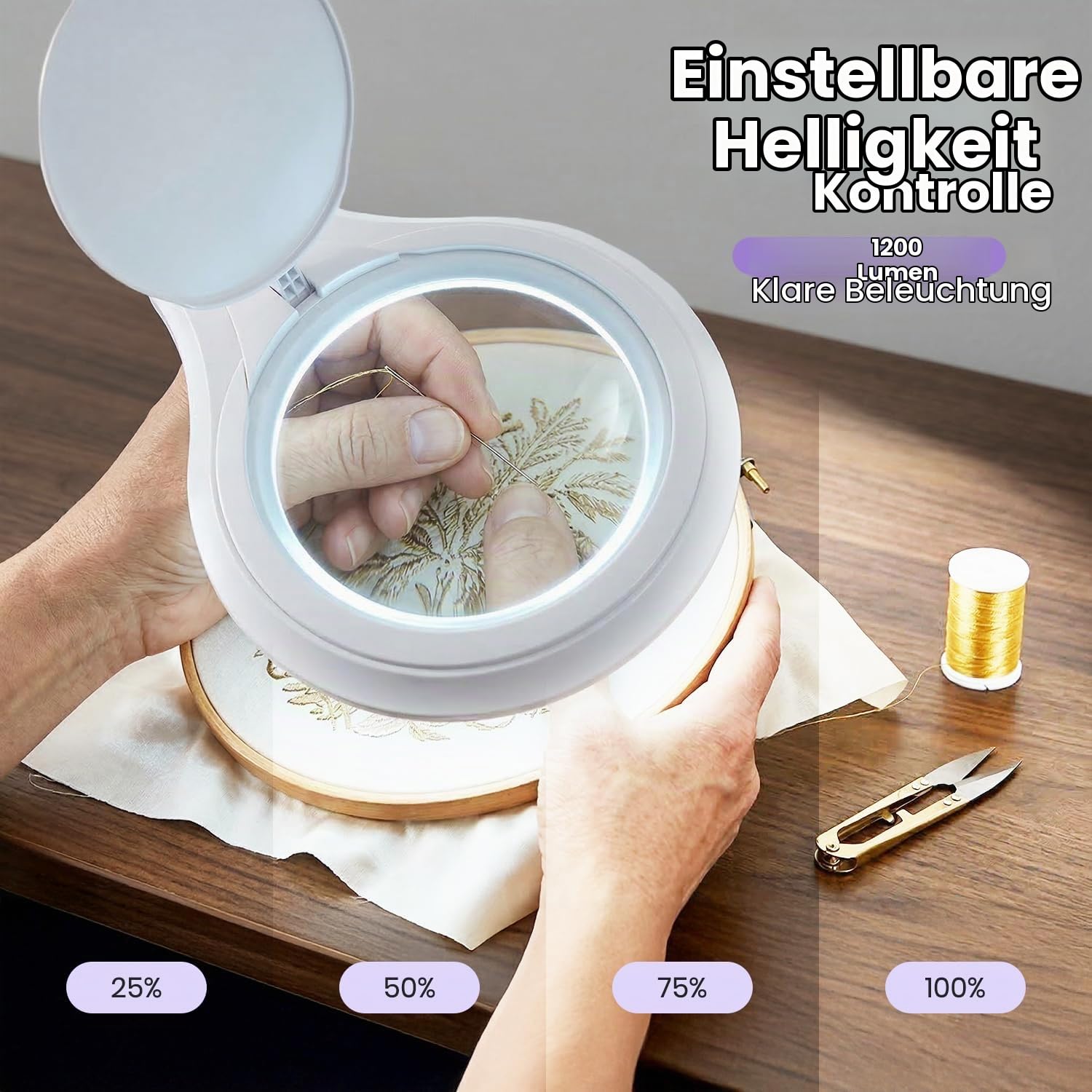 Neatfi LED-Lupenlampe mit Klemme, 1.200 Lumen – 12,7 cm 8-Dioptrien-Glaslinse, dimmbares Arbeitslicht | Verstellbarer Arm | Lesen, Nähen & Basteln (Weiß, 8 Dioptrien)