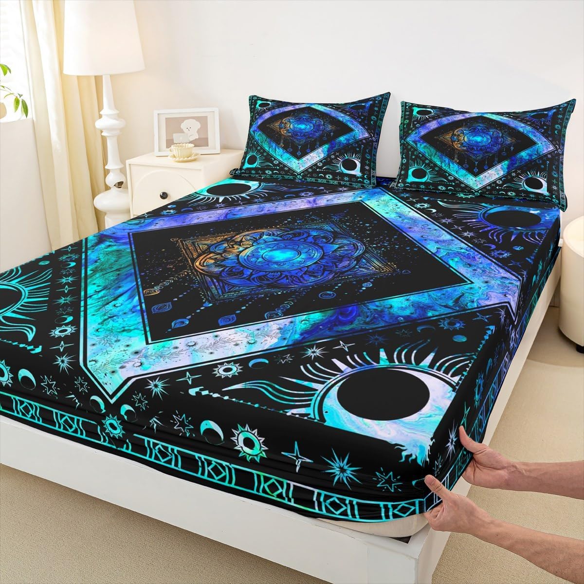 Boho Dream Catcher Bed Sheets Sun Moon Print Fitted Sheet Full Size Bohemian Tribe Sheets Celestial Astrology Decor Bedding Blue Tie Dye Bed Cover Black Soft Breathable 3pcs (No Top/Flat Sheet)