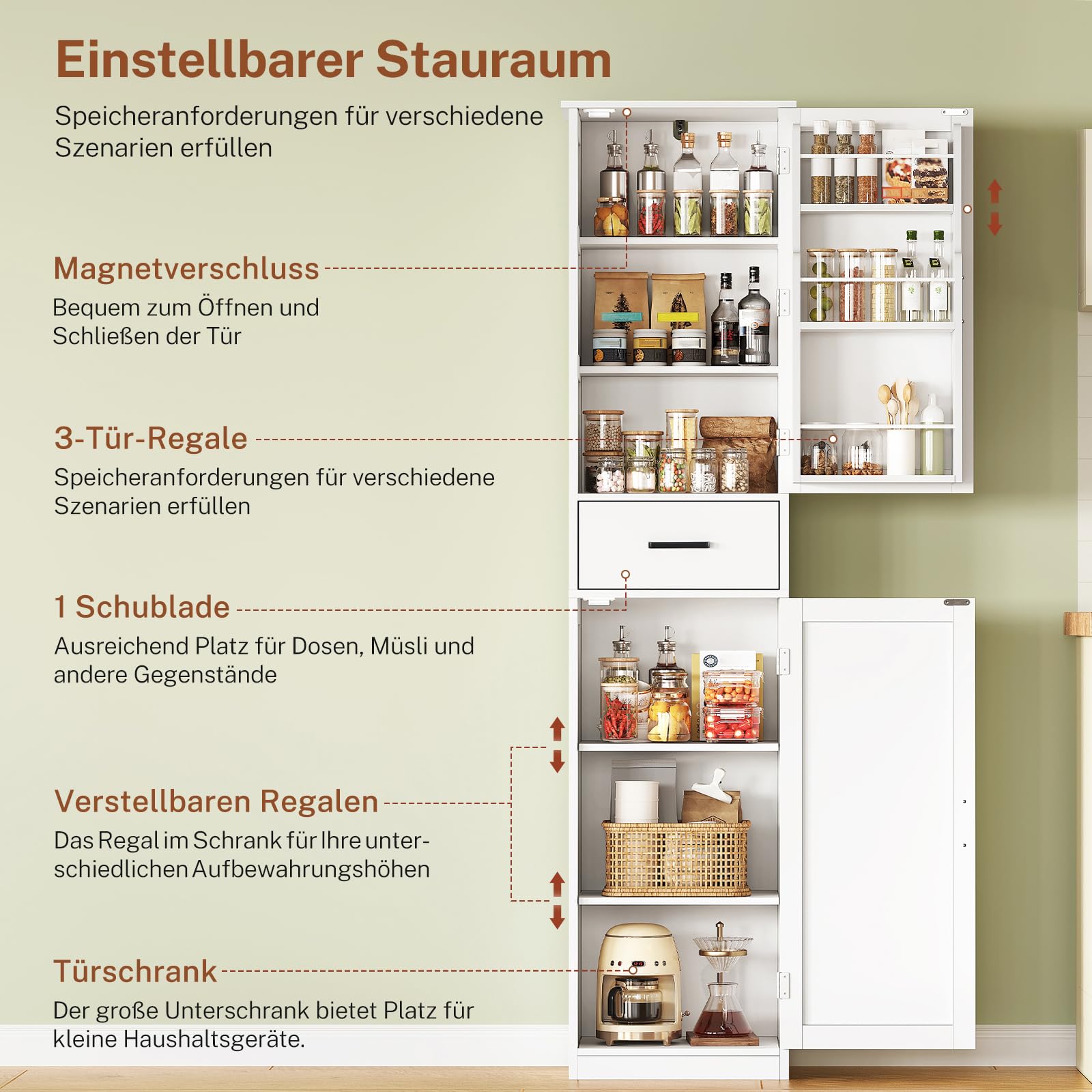 TEENFON Küchenschrank, 4-türiger Mehrzweckschrank & Buffetschrank mit 6 Einlegeböden und 2 Türfächern, platzsparender Vorratsschrank für Küche, Wohnzimmer, Esszimmer, Bad, 130 x 60 x 30 cm, weiß
