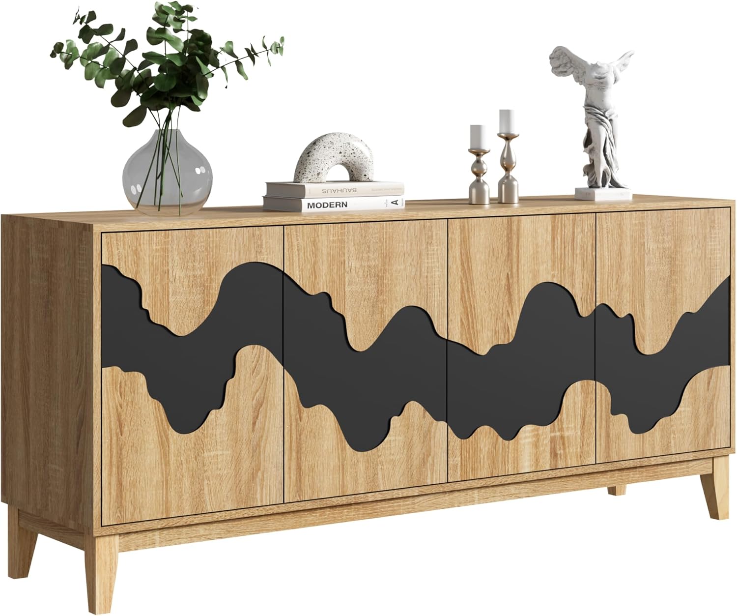 Anbuy Modern 4 Door Sideboard Buffet Cabinet with Storage Blue Water Stream Design - Versatile Storage Solution for Kitchen, Living Room, Bedroom, Coffee Bar (White and Blue)