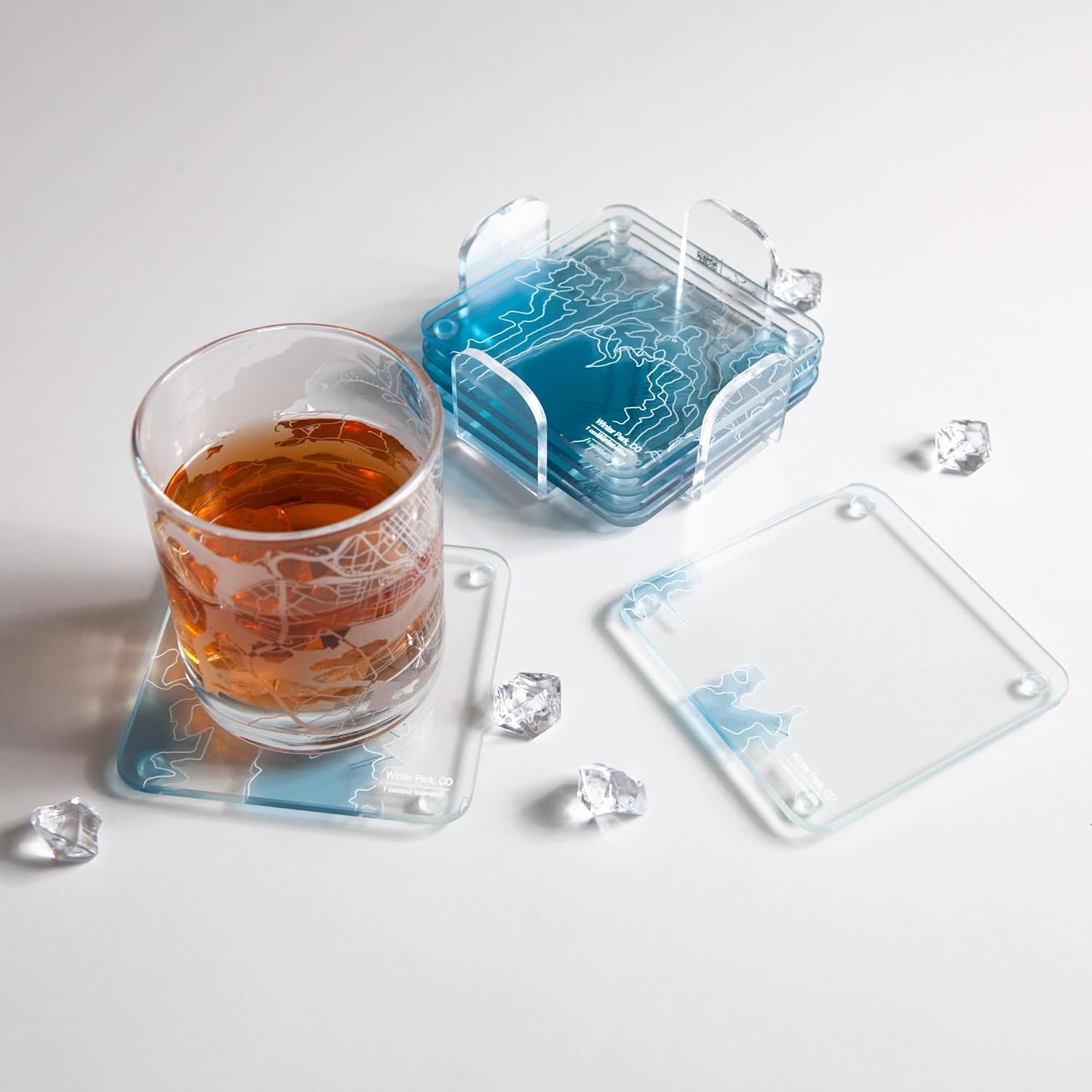 Winter Park, CO 3D Contour Map Glass Drink Coasters of Mountains, Ski Resort, Set of 6 with Holder, Housewarming Birthday Gifts, Home Décor