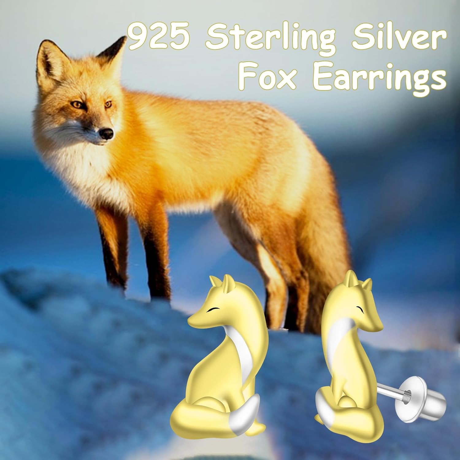 Fox Stud Earrings for Women - Cute 925 Sterling Silver Hypoallergenic Fox Screwback Earrings Animal Jewelry Gifts Gold-plated