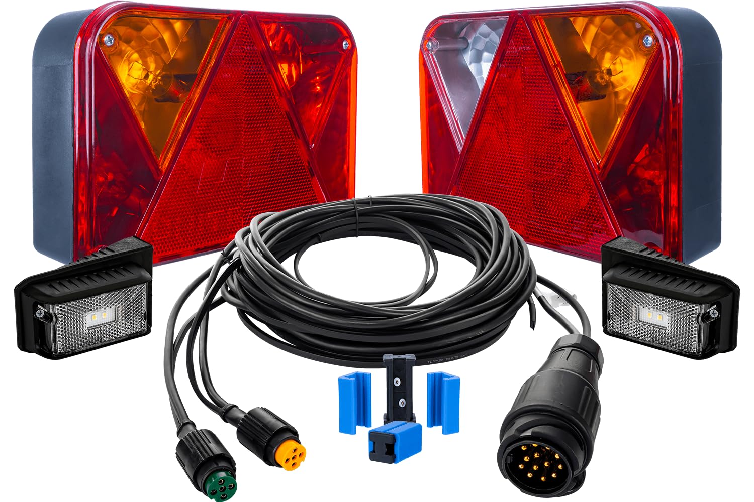 UNITRAILER Set: illuminazione rimorchio luci posteriori DPT 35 con luci di marcatura DPT 15 e cablaggio 5,5 m rimorchio spina 13 poli con attacchi rapidi