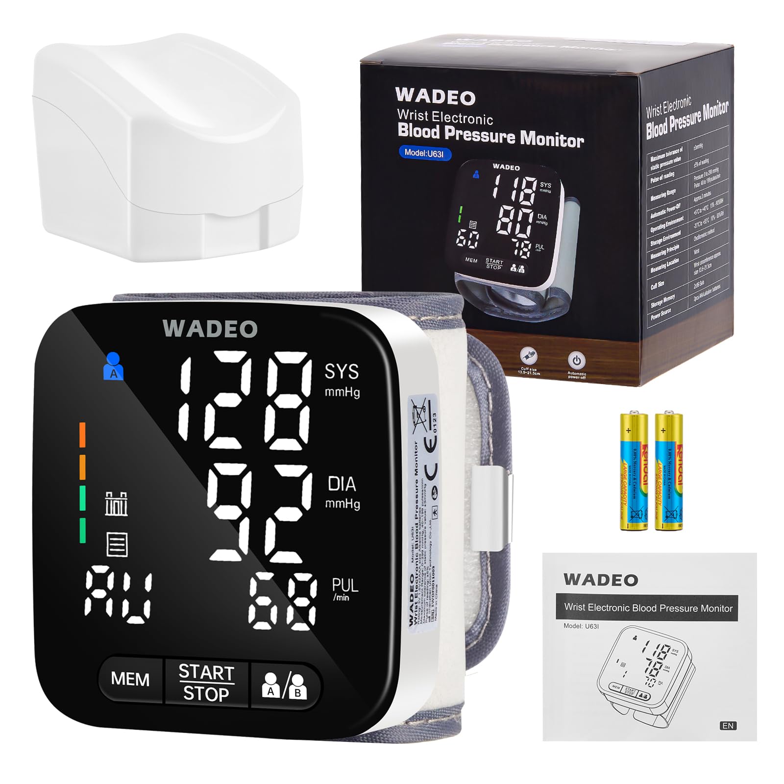 WADEO Tensiómetro digital de muñeca con pantalla LCD, tensiómetro portátil para el hogar o de viaje, medición precisa, 5 idiomas, memoria de 2 x 99, con batería