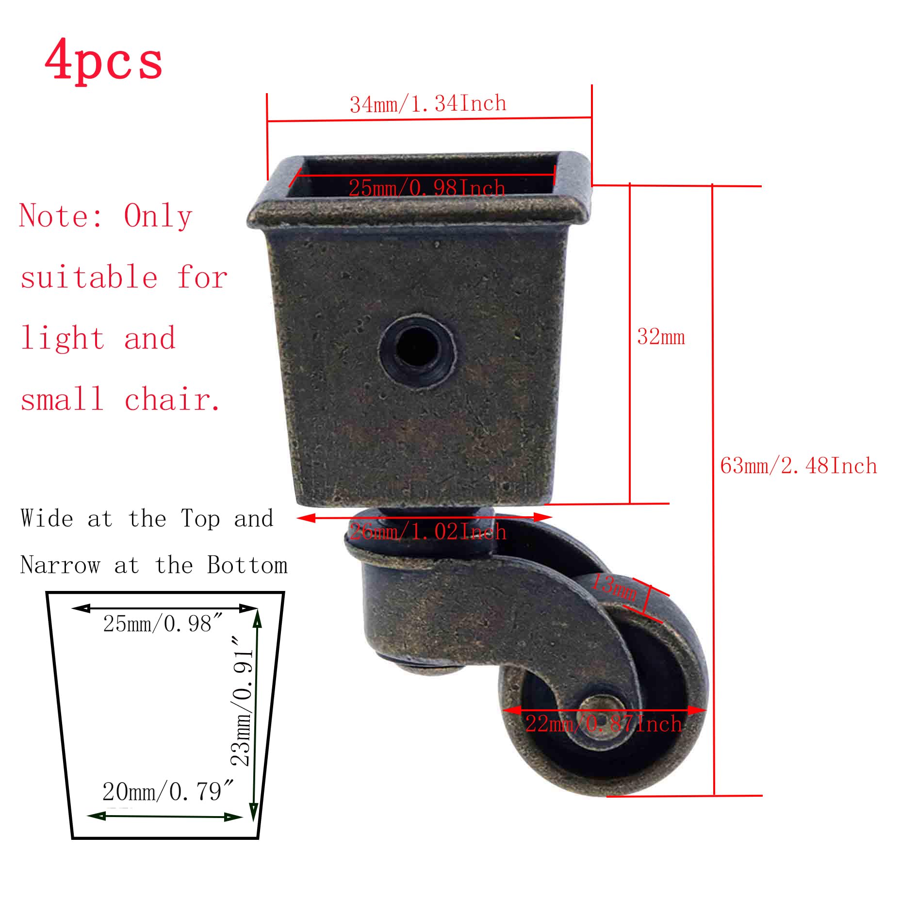 Mewutal 4 STKS 22 mm/0.87  Sofa Caster, Heavy Duty Tafelbeen Swivel Casters Zinklegering Meubels Casters met Vierkante Cup voor Bureau Bed Stoel Kast, met schroeven