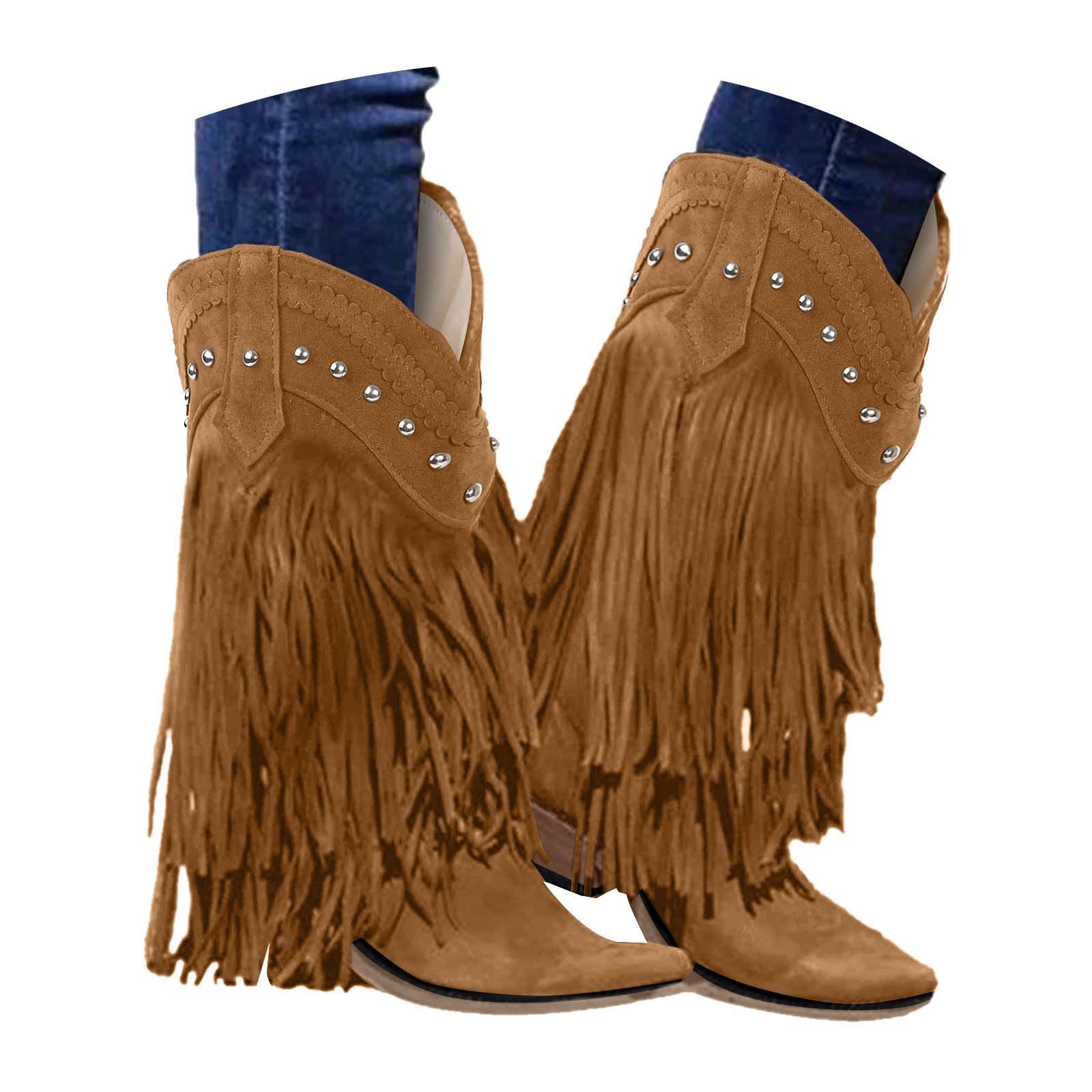 ZSpzx Women Fringe Knee High Boots Wide Calf Suede Western Cowgirl Booties Chunky Block Heels Studded Almond Toe