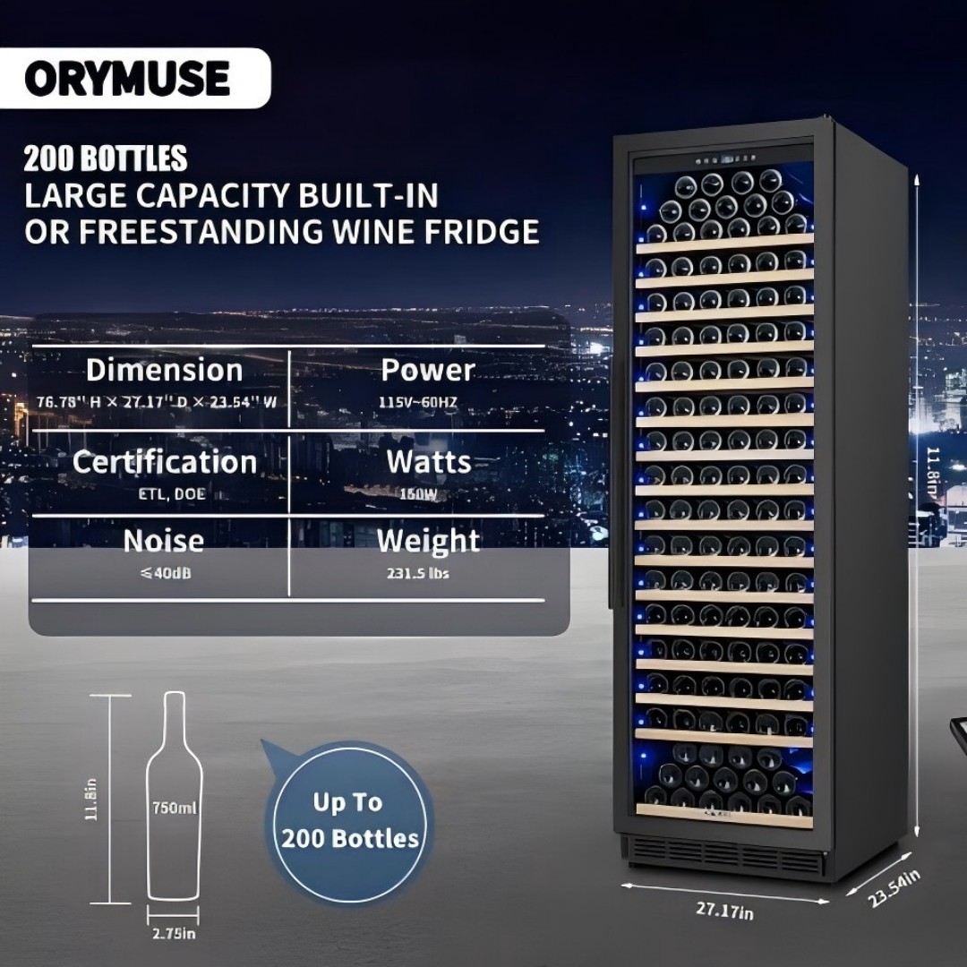 Image of ORYMUSE 200 Bottle Upgrade Wine Cooler Refrigerator - 24 Inch Large Capacity Wine Fridge Built-In Freestanding, with Quiet Compressor, Professional Temperature Control & Wine Cellar - Black