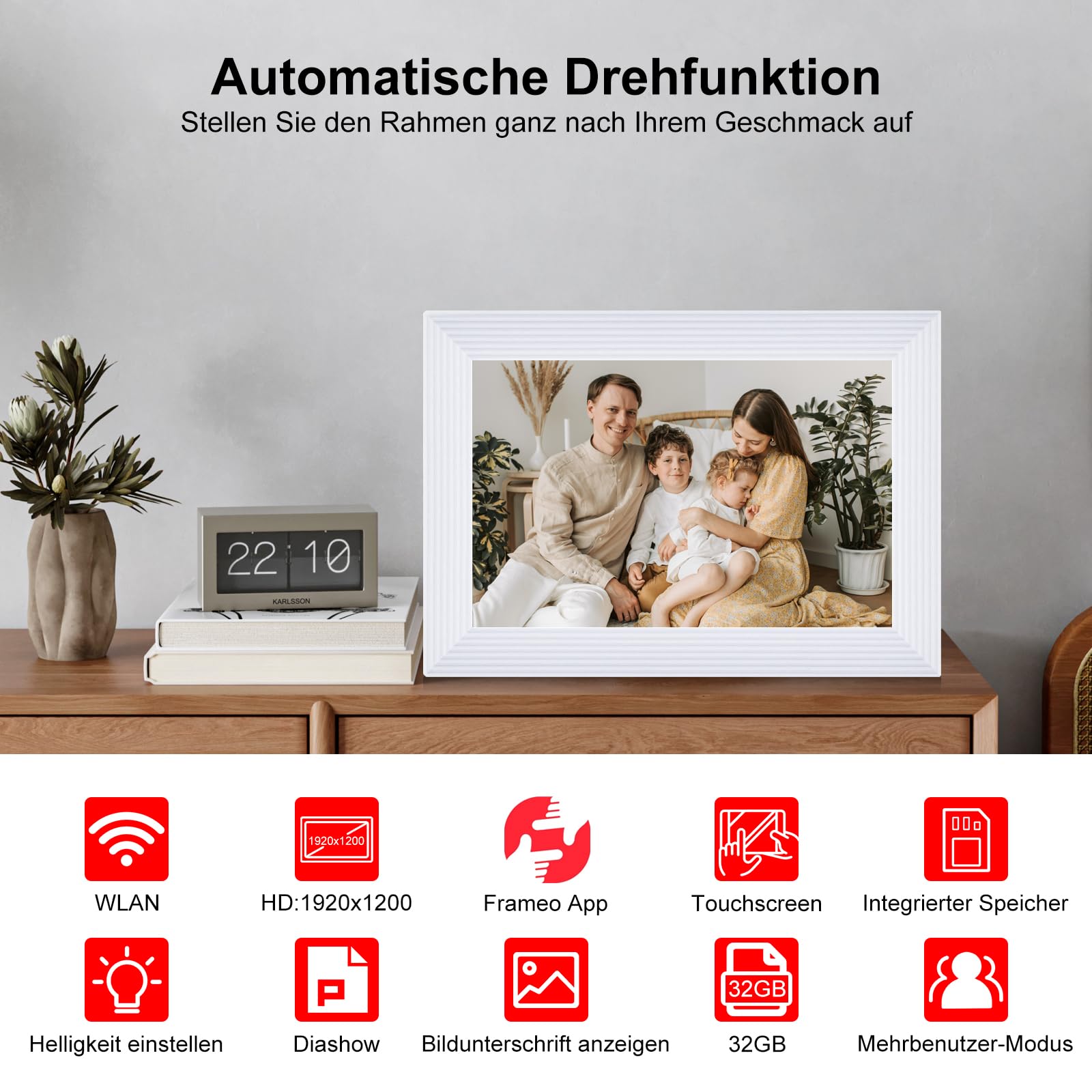 Digitaler Bilderrahmen Groß, Frameo Digital Photo Frame HD IPS Touchscreen - 10,1 Zoll, Elektronischer Bilderrahmen mit WLAN, 32GB, Auto Drehung, Wandmontierbar, Fotos/Videos teilen - Weiß