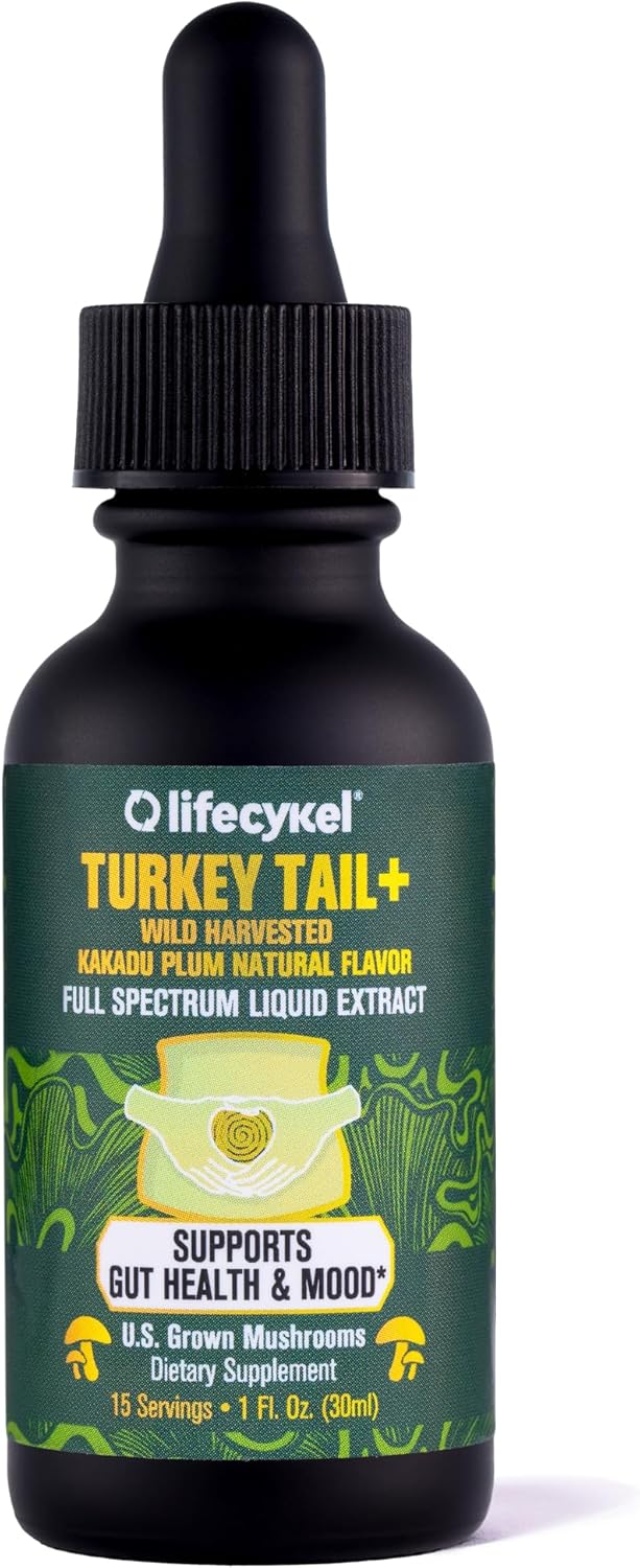 Life Cykel -Turkey Tail Mushroom Liquid Extract Kakadu Plum- 100% Organic Turkey Tail Mushrooms-Immune Support Supplement Immune Defense Antioxidants Vitamin C Made in US, 2 Fl oz(Packaging May Vary)