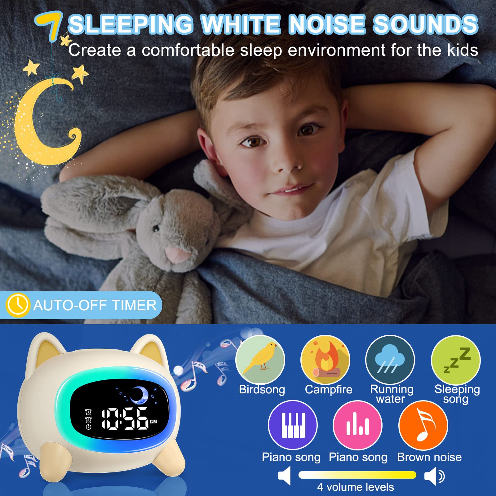 Reloj despertador para niños, bonito reloj despertador para niños, reloj de entrenamiento de sueño con luz nocturna y máquina de sonido para niños pequeños, niñas, adolescentes (perro)