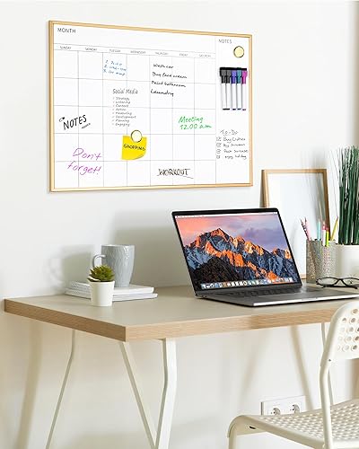 Miniatura 5 de VUSIGN Pizarra magnética mensual blanca, 17 x 23 pulgadas, calendario de borrado en seco para pared, oficina, escuela, hogar, marco de madera dorado