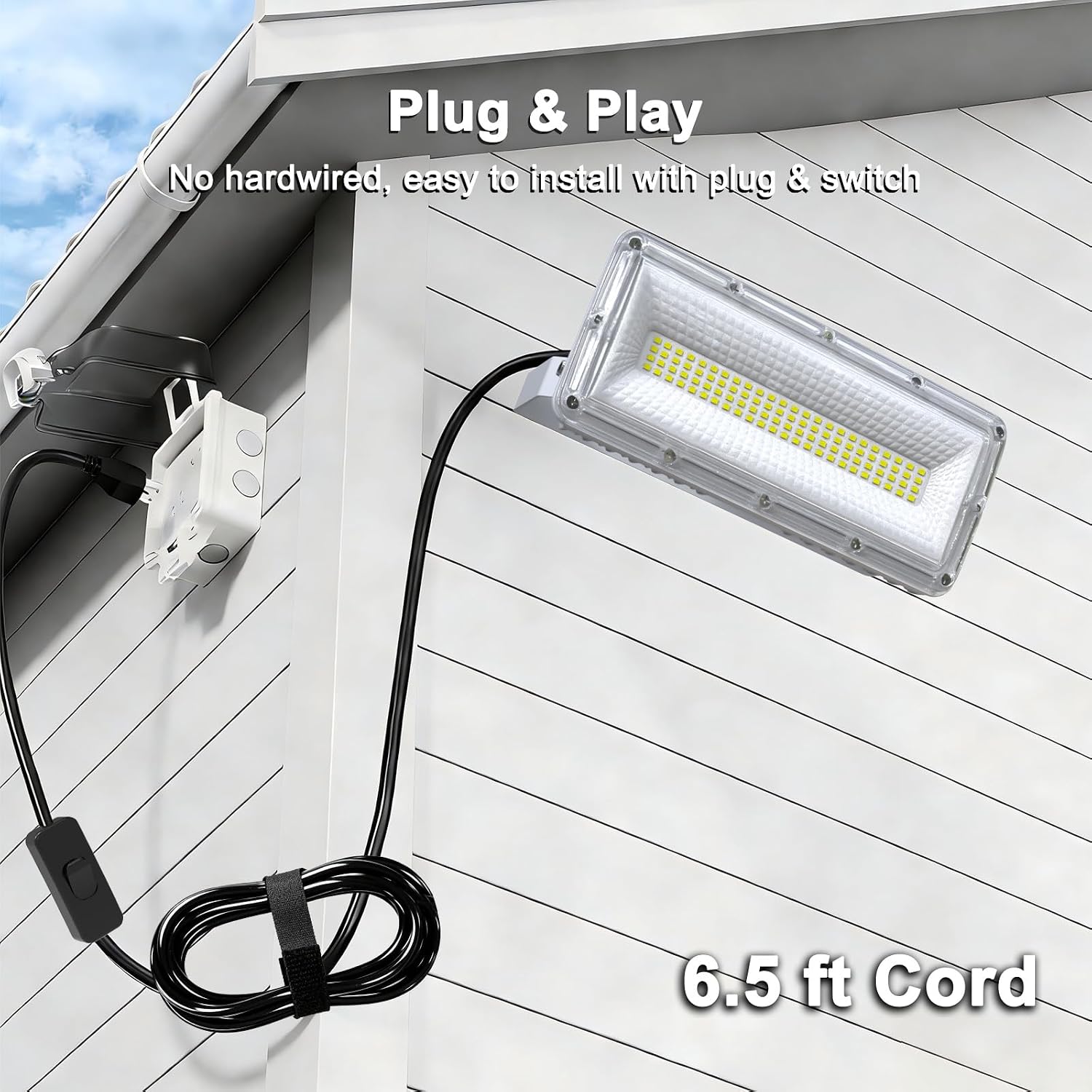 Kekeou 6500LM 5000K LED Flood Light with Plug & 6.5ft Cord & Switch | AC 85-277V Security Light, Flicker-Free, IP67 Waterproof, 10kV Surge, Plug & Play. Heavy Duty, Ideal for Workshop, Yard
