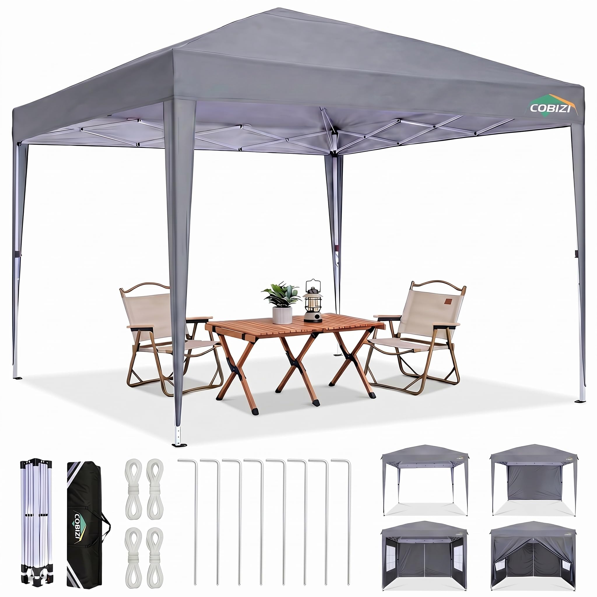 COBIZI Faltpavillon 3x3 Wasserdicht Stabil Winterfest mit Seitenwänden, Outdoor Faltbarer Zelt Pavillon, Faltzelt Pop up Pavillion, UPF 50+ UV-Schutz Festzelt mit Tragetasche für Garten Party, Grau