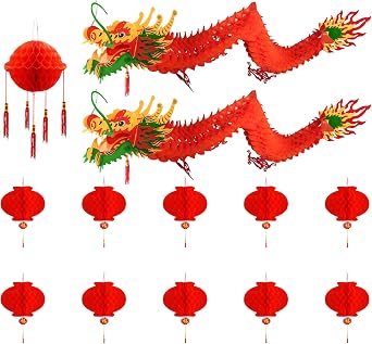 Chinese New Year Decorations, 13 PCS 3D Chinese Paper Dragon with Ball and Red Lanterns for Chinese Spring Festival, Lantern Festival, Lunar New Year Decorations