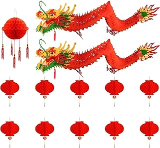 IRmm Chinese New Year Decorations, 13 PCS 3D Chinese Paper Dragon with Ball and Red Lanterns for Chinese Spring Festival, Lantern Festival, Lunar New Year Decorations