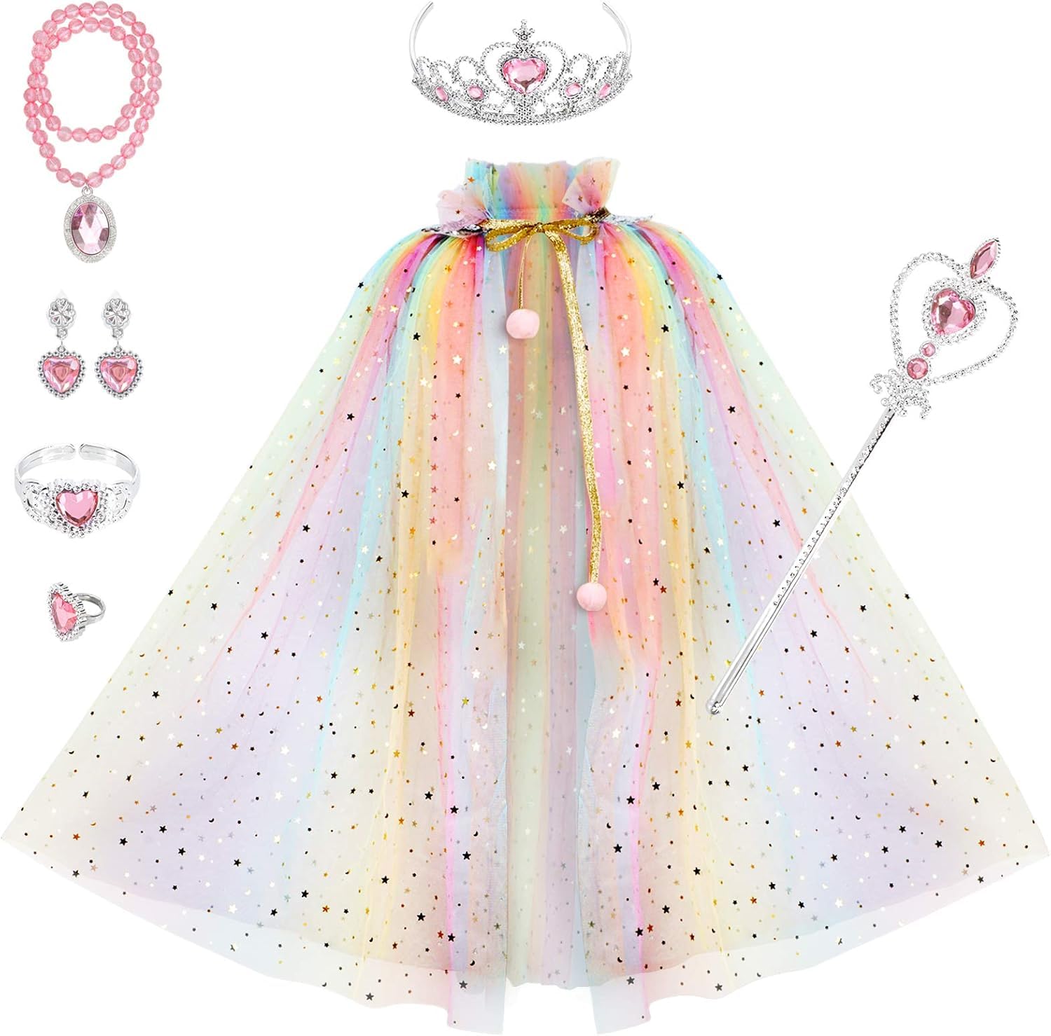 THE WHITE SHOP 7Pcs Princess Party Set Glitter Cloak Tiara Wand Necklace Earrings Bracelet Ring for Birthday Celebration Halloween Costume Photo Booth Props Cosplay Accessories(Pink)