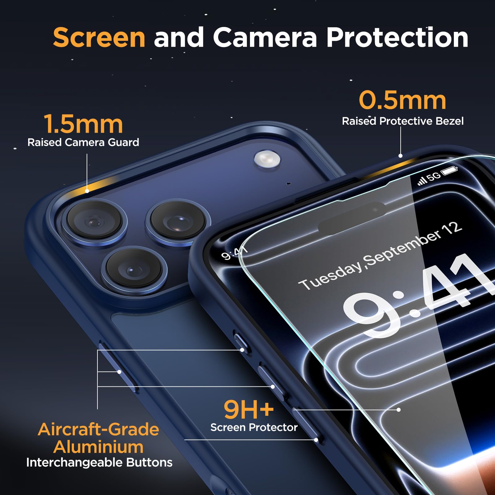 Miracase for iPhone 17 Pro Max Case with MagSafe [with 9H+Screen Protector] Military-Grade Protection Shockproof Scratch-Resistant with Velvet Touch for iPhone 17 Pro Max Cover 6.9", Matte-Deep-Blue — view 6