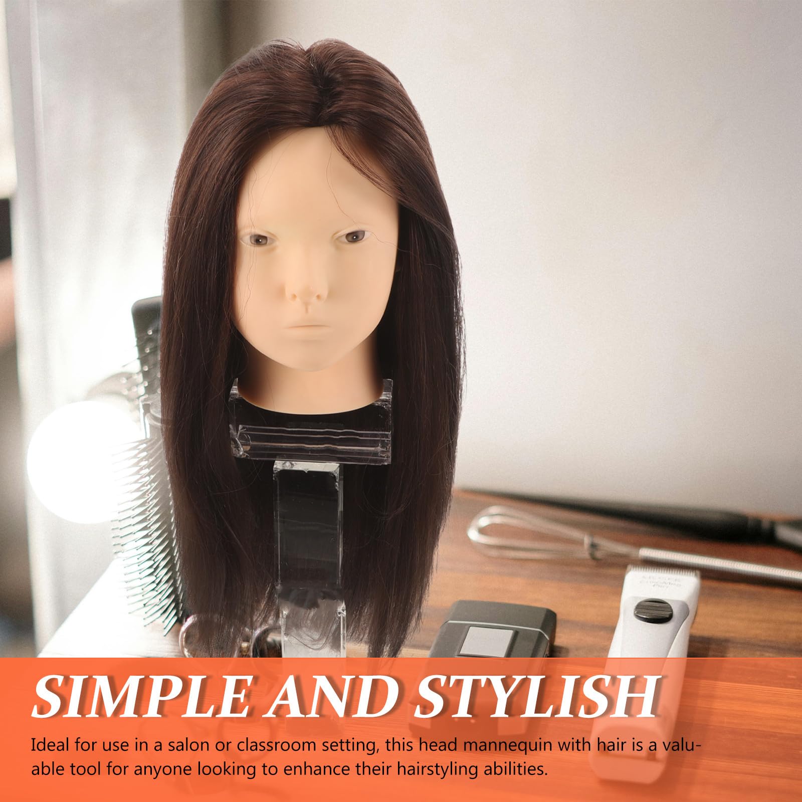 STOBAZA Übungskopf für Friseure aus Echthaar mit Ständer Vielseitiger Kosmetik Mannequinkopf mit Glatter Textur für Salon und Schulungszwecke