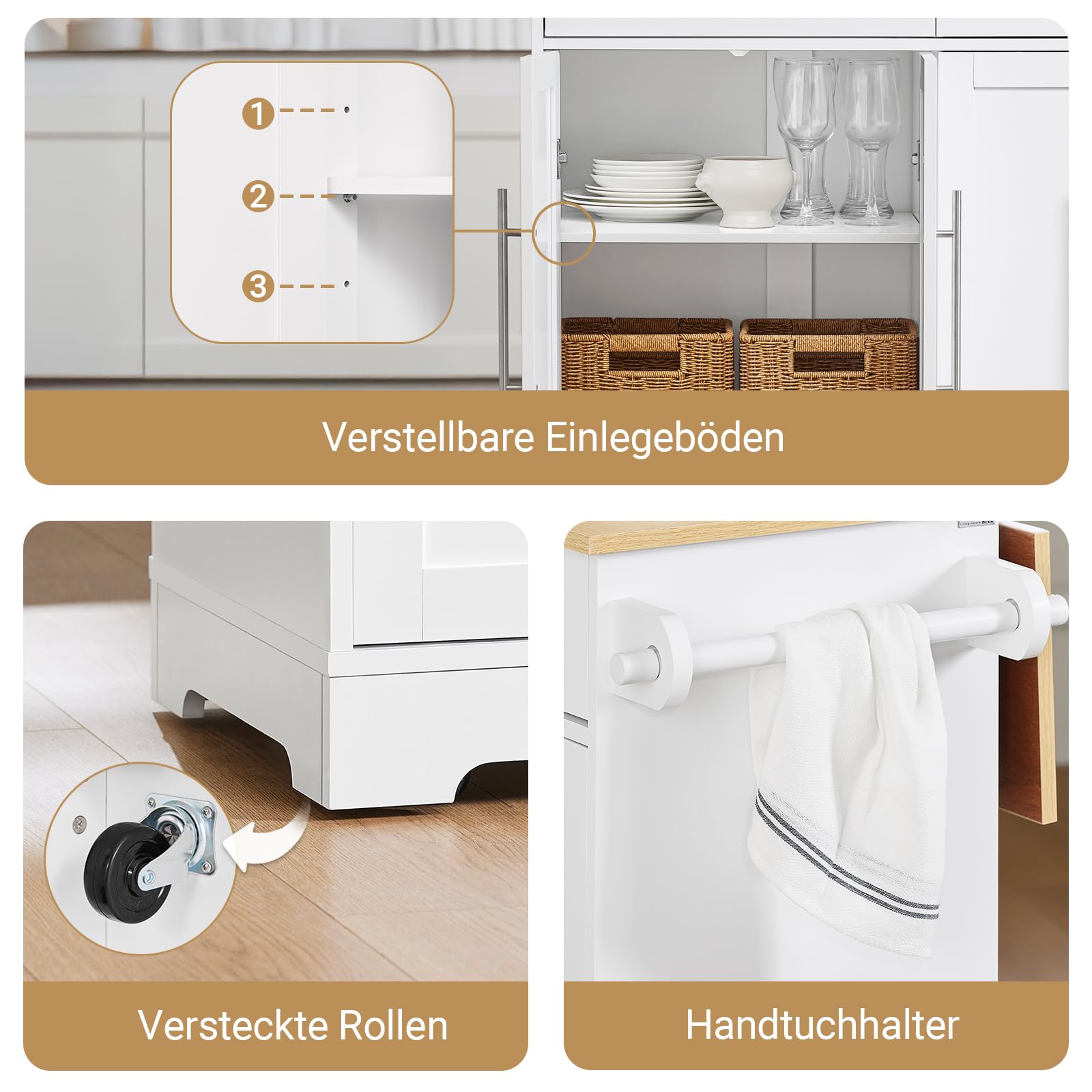 SoBuy Kücheninsel mit Rollen, Servierwagen mit ausziehbarer Arbeitsplatte – platzsparende, freistehende Kücheninsel mit Schubladen für kleine Küchen Weiß 113 x 91 x (44–69) cm FKW129-WN