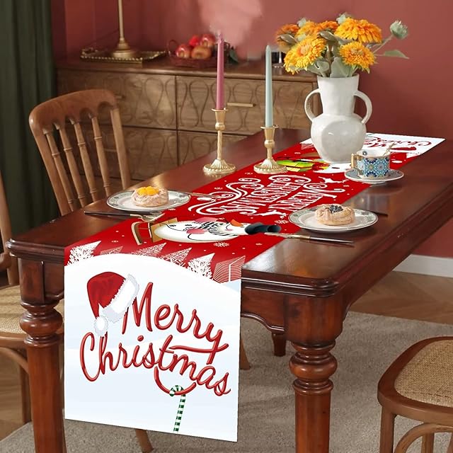 Christmas Table Cloth, Christmas Table Decoration, Red White Table Runner for Christmas, Santa Snowman Christmas Tablecloth Rectangular, Party Table Cover for Xmas Party Home Dining Table Decorations