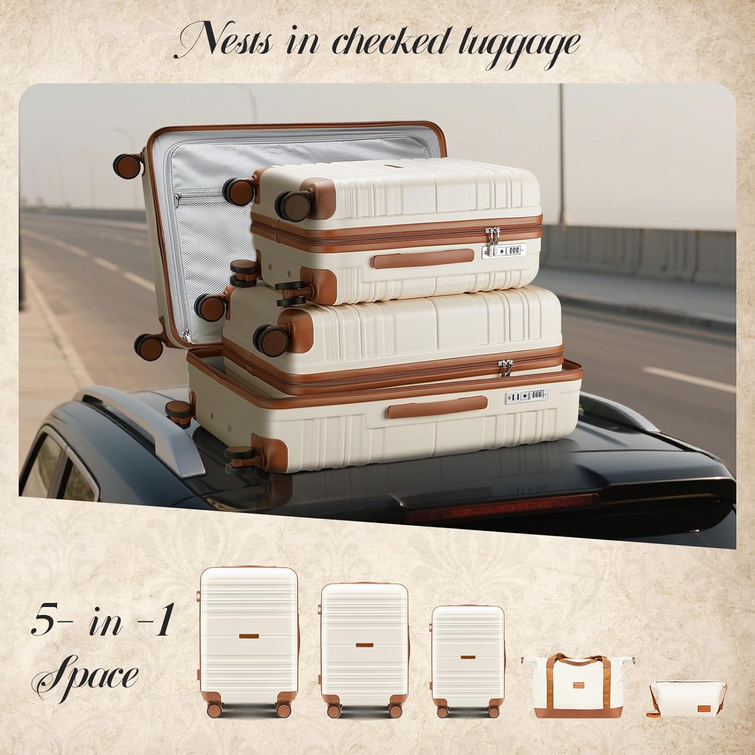 Luggage Sets with spinner wheels, PC+ABS Hard Shell Travel Luggage,Lightweight Carry-on suitcases with TSA Lock,YKK Zippers (Black, 5 piece sets(20/24/28/DB/TB)) - Image 6