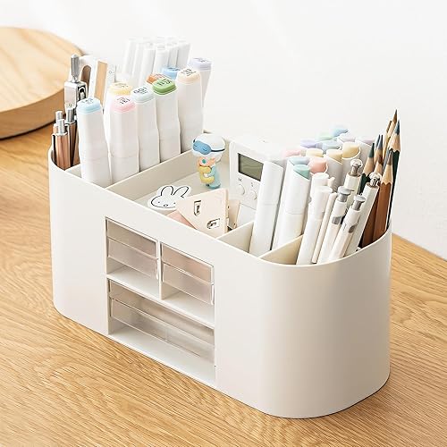 Miniatura 7 de INSTOME Soporte para lápiz para escritorio con 3 cajones, organizador de escritorio todo en uno, accesorios de escritorio perfectos para uso de
