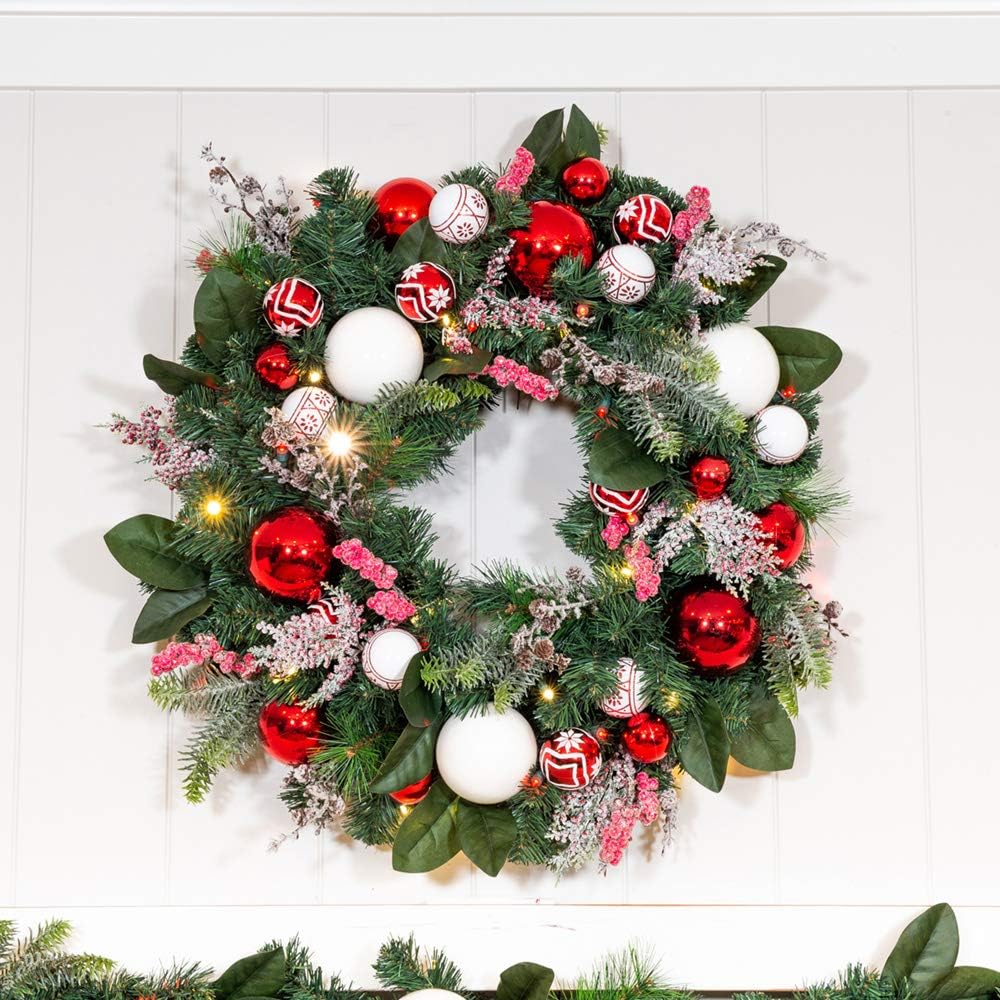 [30 Inch Artificial Christmas Wreath] - Nordic Collection - Red and White Decoration - Pre Lit with 50 Candy Cane Colored LED Mini Lights - Includes Remote Controlled Battery Powered Timer