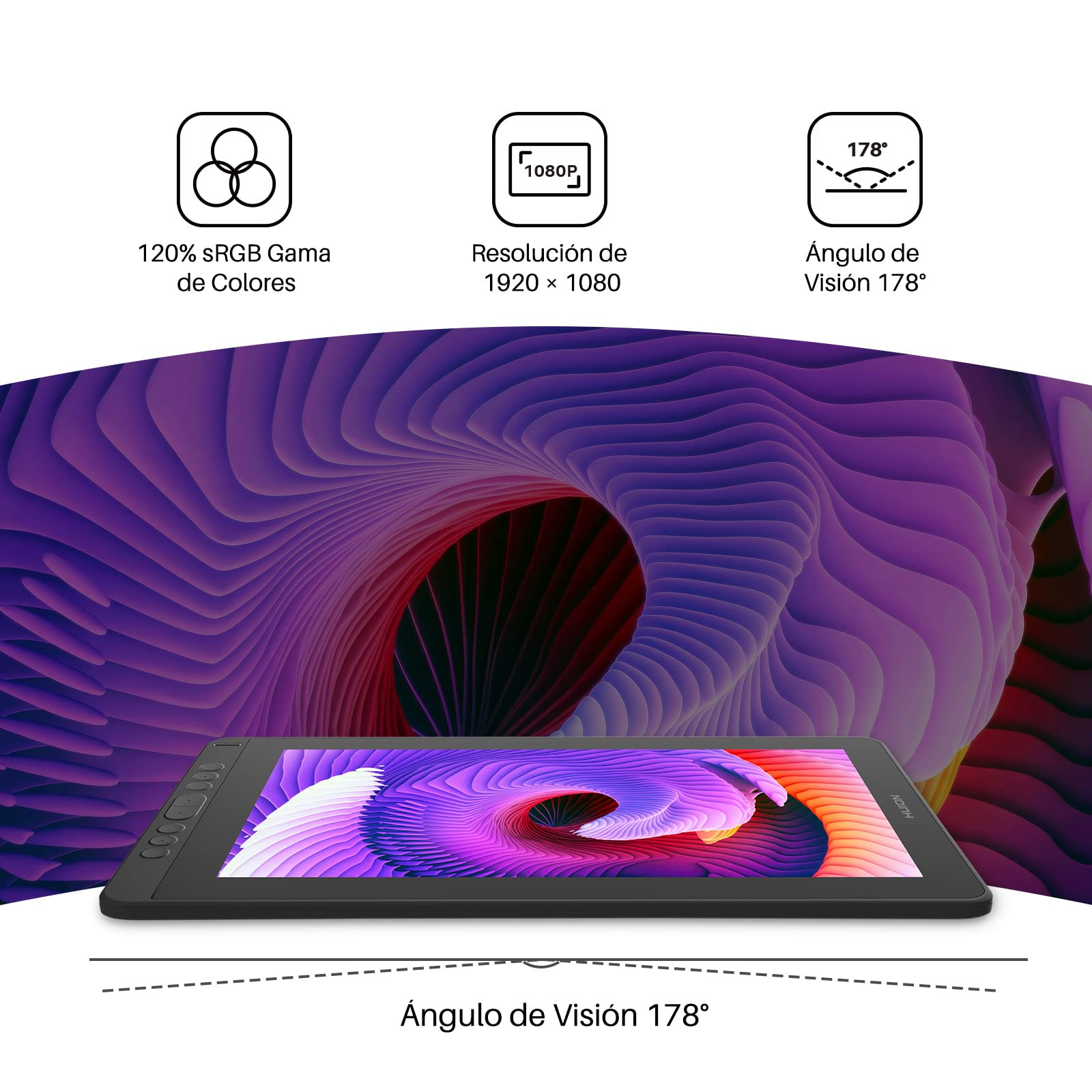 HUION Kamvas 13 Tableta Grafica, Tableta Digital Grafica con Pantalla Laminada Completa de 13,3 Pulgadas, 8 Teclas de Acceso Directo, Compatible con Android,para Educación a Distancia y Trabajo,Negro