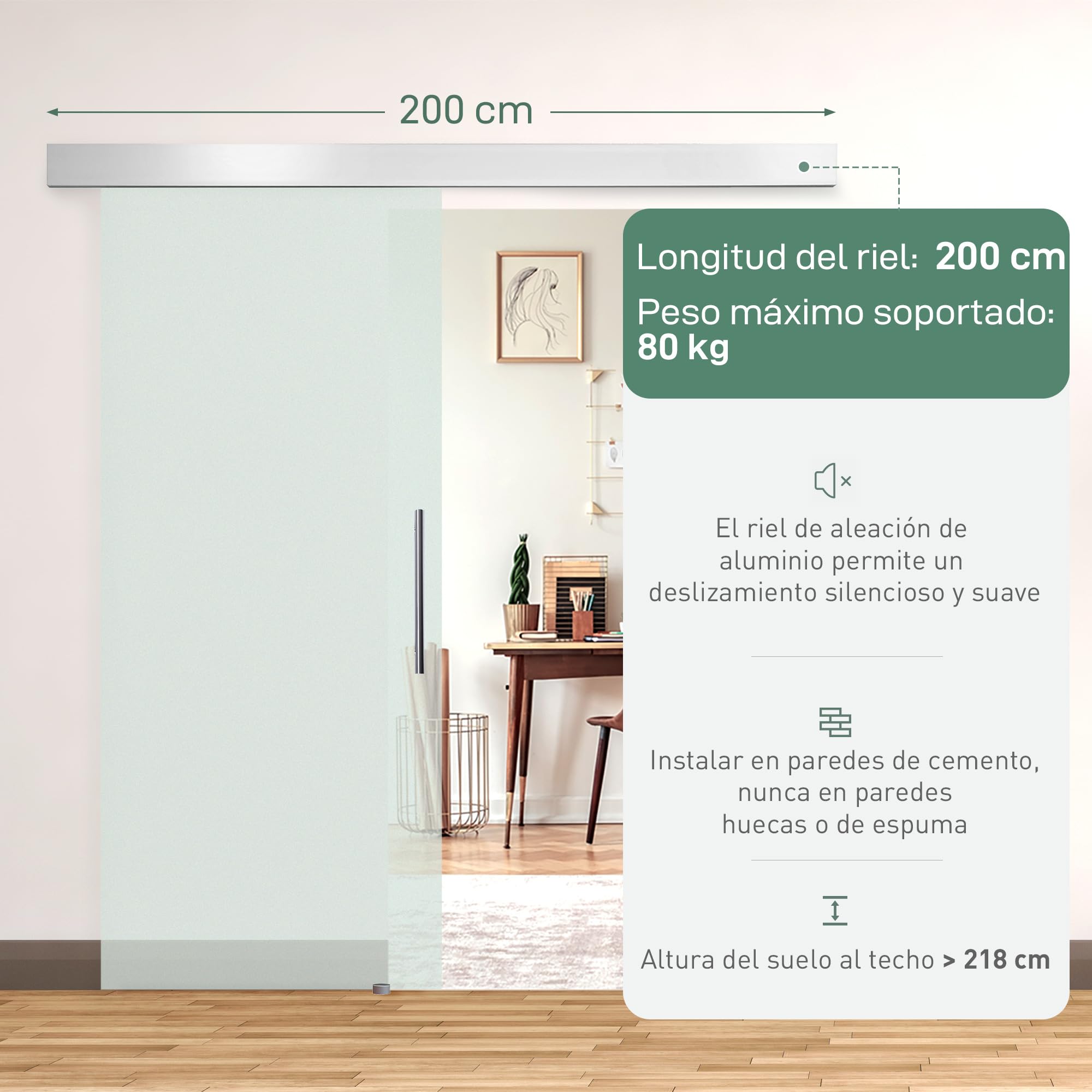 HOMCOM Puerta Corredera 77,5x205 cm Puerta Corrediza de Cristal con Riel Silenciosa para Sala de Estar Comedor Translúcido